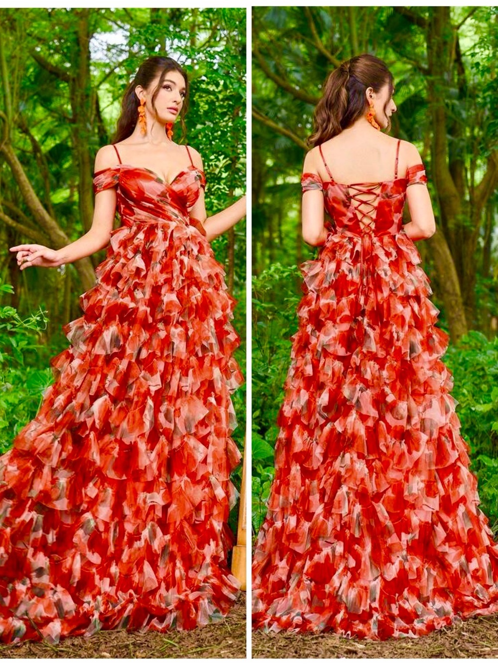 Faeriesty ruffled off the shoulder poppy print floor-length gown corset top, XS